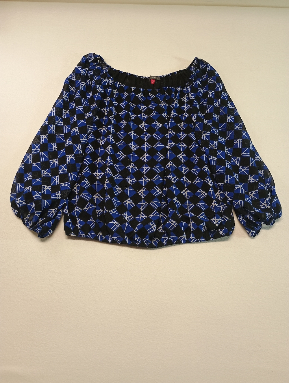 Vince Camuto Women's Size M Blue and Black Patterned Elastic-Hem Women's Top